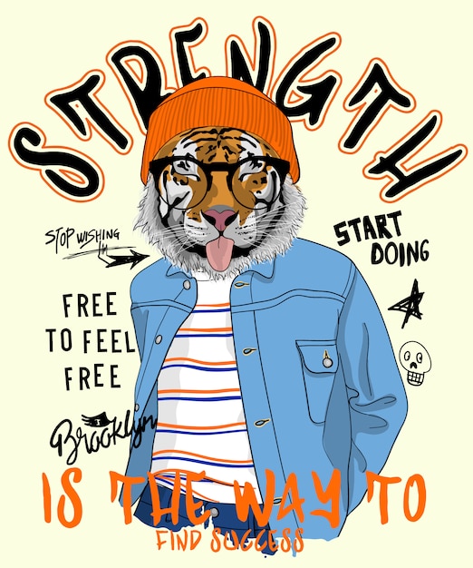 Vector hand drawn cool tiger illustration, vector.