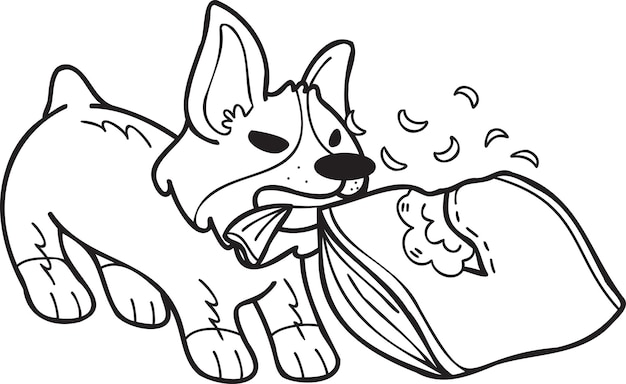 Hand Drawn Corgi Dog biting pillow illustration in doodle style