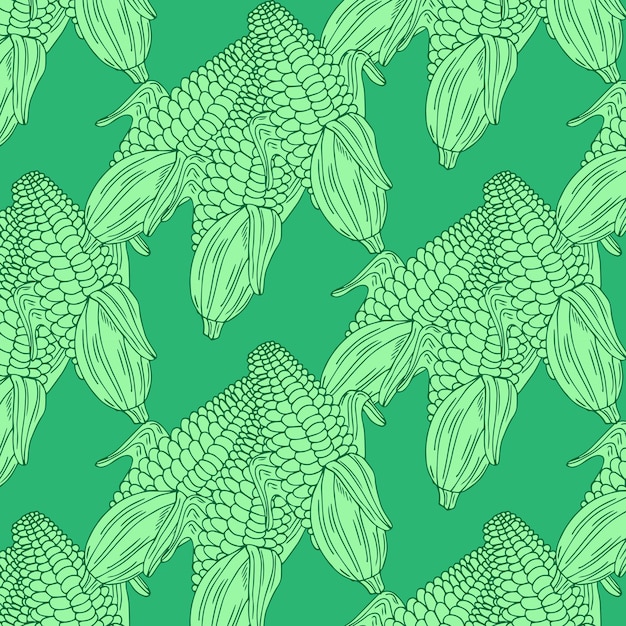 Hand drawn corn cobs on green background. Seamless pattern vector illustration.