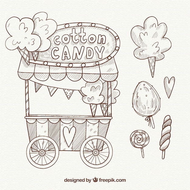 Hand drawn cotton candy cart and lollipops