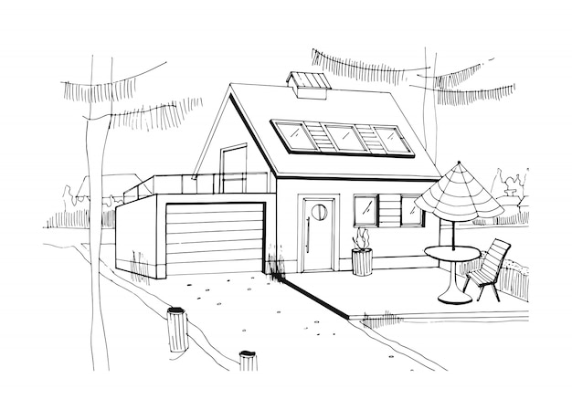 Hand drawn country house. modern private residential house with garage. black and white sketch illustration.