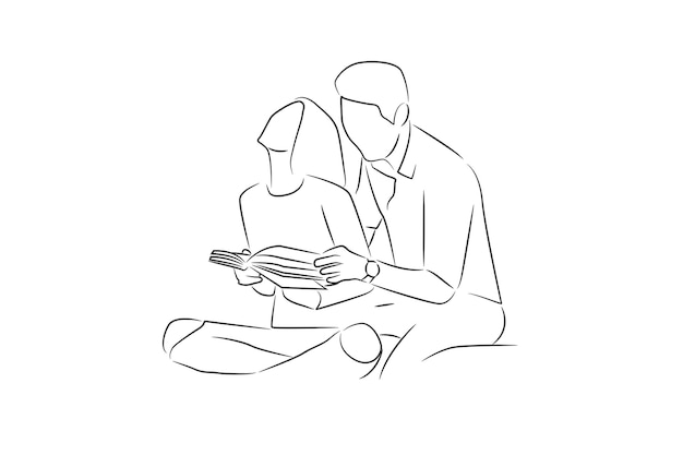 Hand drawn couple read book oneline continuous single line art