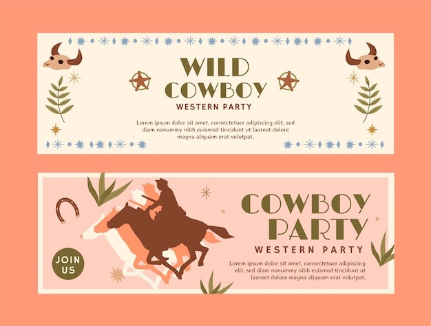 Hand drawn cowboy party horizontal banner