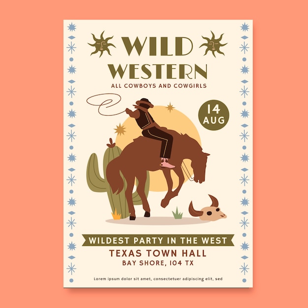 Hand drawn cowboy party poster template