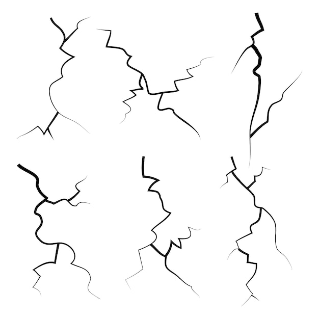 Hand drawn cracked glass wall ground lightning storm effect doodle break set vector illustration