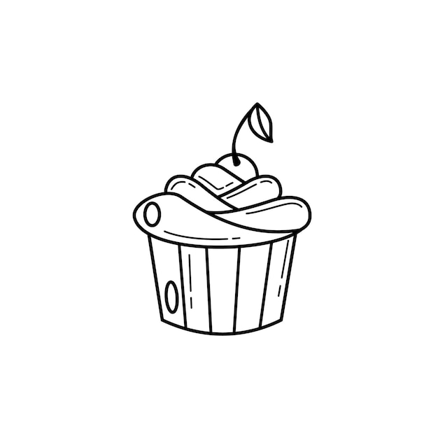 Hand drawn creamy cupcake decorated with cherry Sweet cake dessert in sketch doodle style