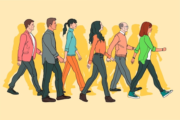 Hand drawn crowd of people walking illustration