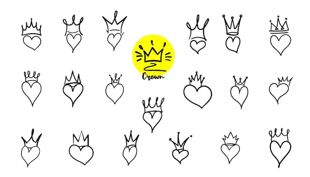 Hand drawn crowned hearts Doodle princess king and queen crown on heart sketch love crowns