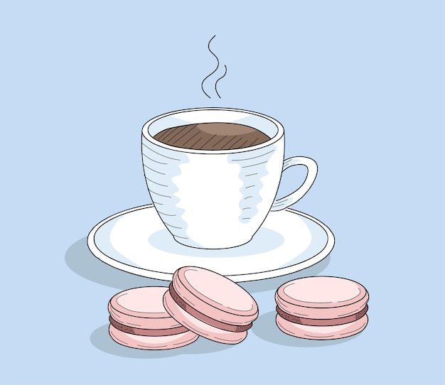 Hand drawn cup of coffe with macaroons sketch