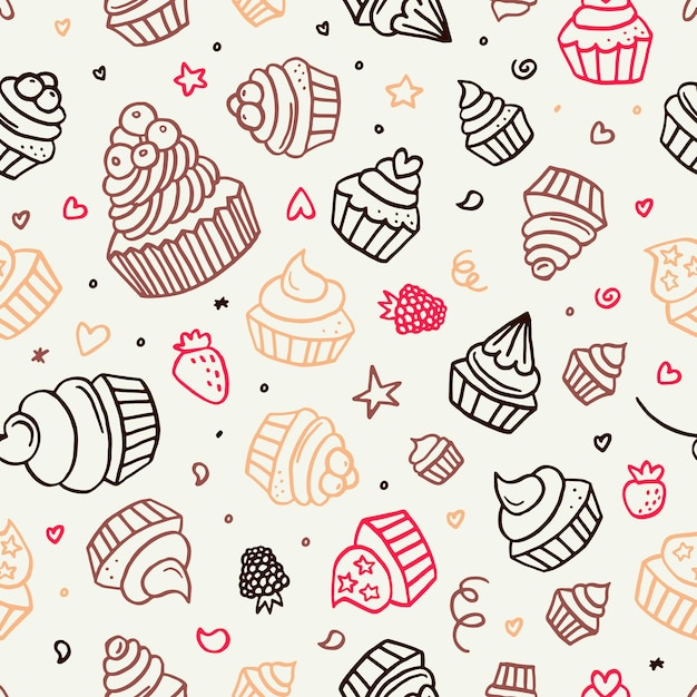 Hand drawn cupcake doodle background seamless pattern