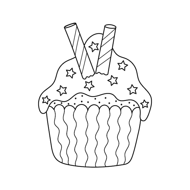 Hand drawn cupcake isolated element Black and white print Cute doodle dessert in cartoon style