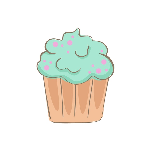 Hand drawn cupcake with cream and topping simple cartoon food illustration of cake