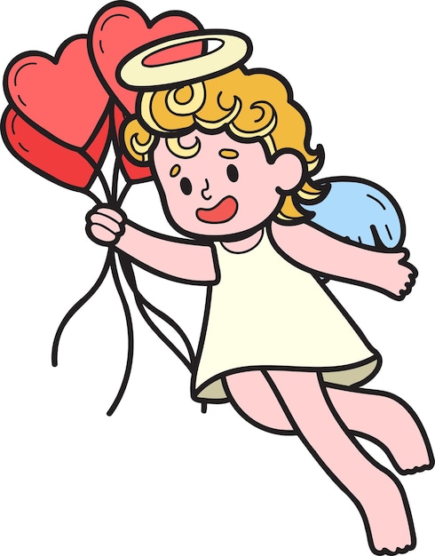 Hand Drawn Cupid with heart balloons illustration