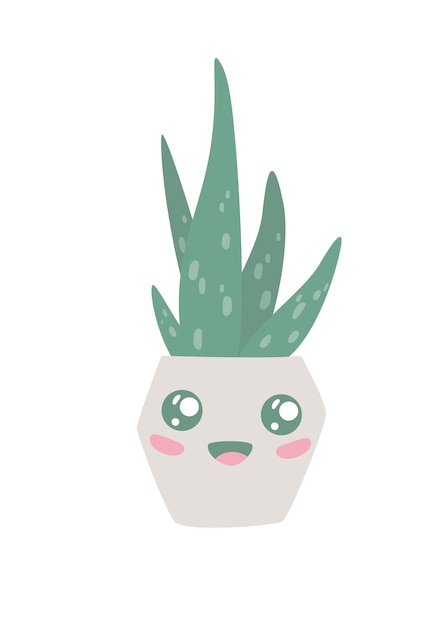 Hand drawn cute aloe vera plant growing in pot Kawaii aloe in pot Houseplant flower pot