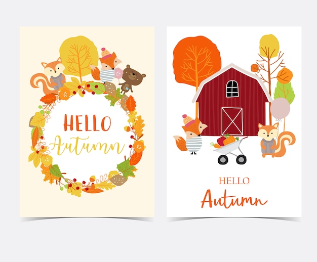 Hand drawn cute autumn card with flower, leaf, fox, red house, apple, pumpkin,wreath and squirrel