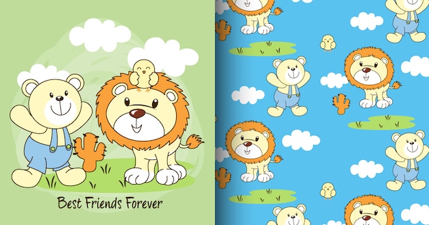 Hand drawn cute bear & lion pattern and card