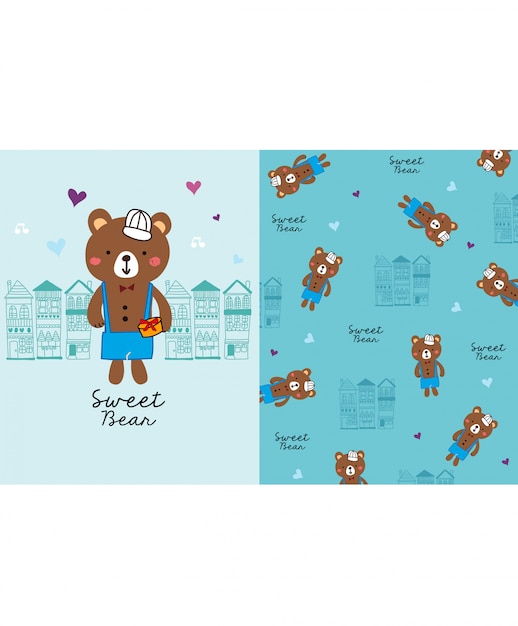 Hand drawn cute bear with pattern 