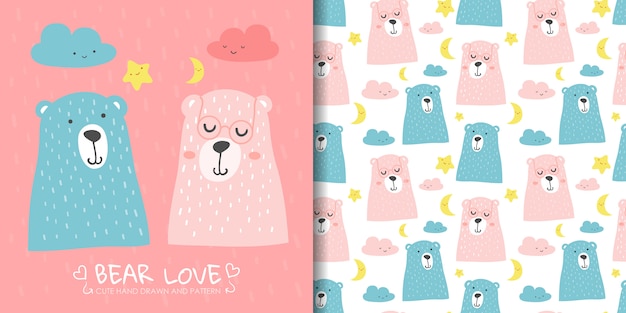 Hand drawn cute bear with seamless pattern