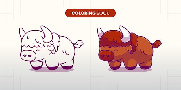 Hand drawn cute bison illustration coloring book for children to fill in