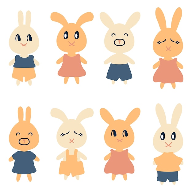 Hand drawn cute bunny collection in flat style Perfect for Tshirt logo stickers and print Childish isolated vector illustration for decor and design