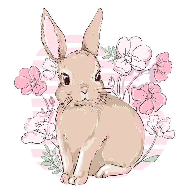 Hand drawn cute bunny and flower arrangement