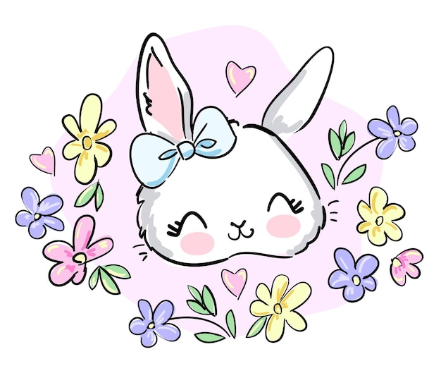 Hand drawn Cute Bunny and flowers vector illustration print design rabbit children print on tshirt