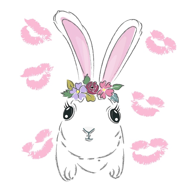 Hand drawn Cute Bunny and pink kiss prints vector illustration print design rabbit children print on tshirt