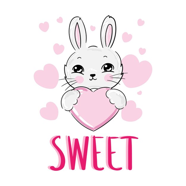 Hand Drawn Cute Bunny with text Sweet and pink hearts Rabbit vector illustration