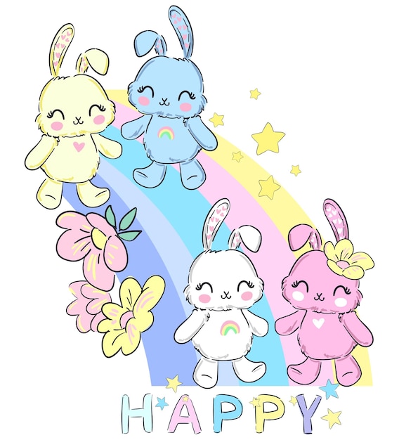 Hand Drawn Cute Bunnys and rainbow kids print design rabbits vector illustration