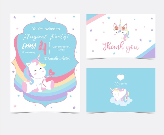 Hand drawn cute card with unicorn