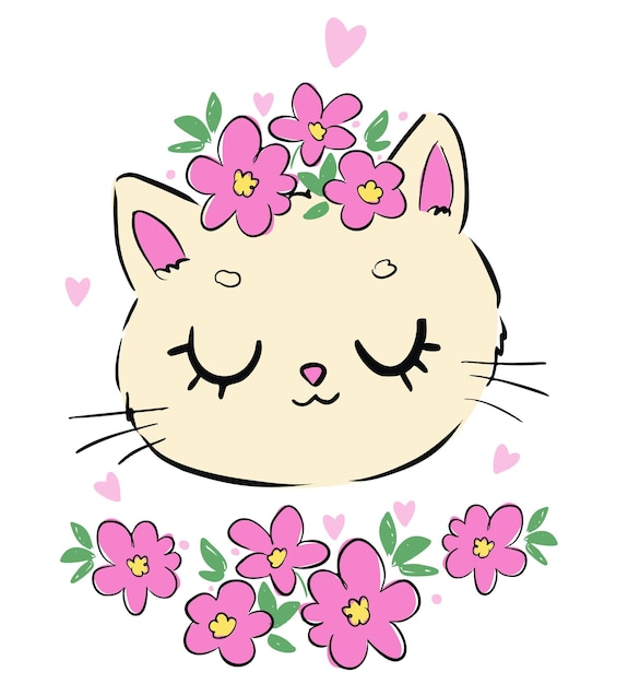 Hand drawn cute cat and flowers kids print vector illustration