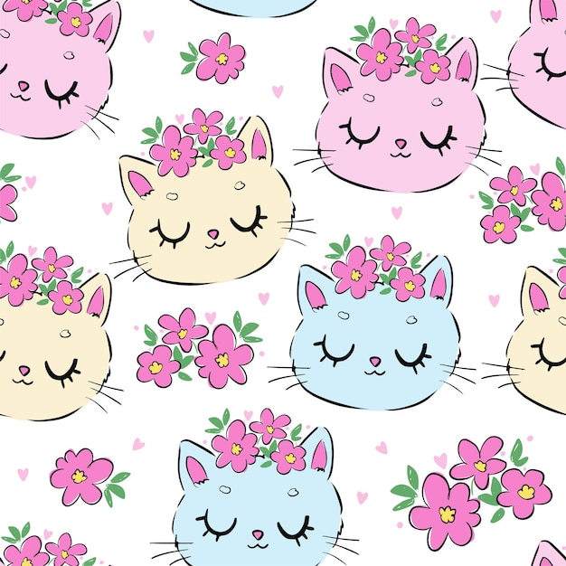 Hand drawn cute cat and flowers pattern seamless vector illustration kids print