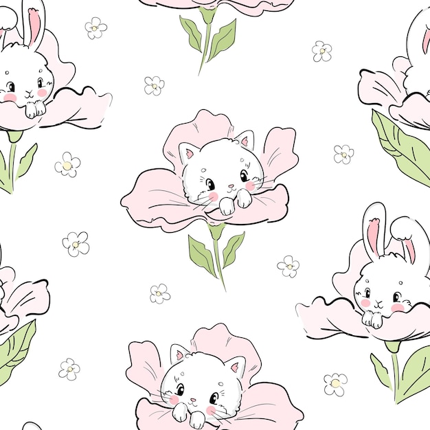 Hand Drawn Cute Cat and flowers seamless pattern vector illustration