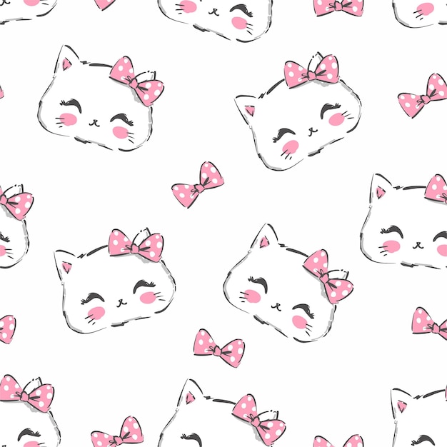 Hand Drawn cute cat and pink bow pattern seamless vector illustration, children print design on t-shirt