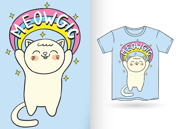 Hand drawn cute cat and rainbow for t shirt