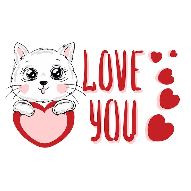 Hand drawn cute cat red hearts and text Love you cartoon character vector illustration childish design print