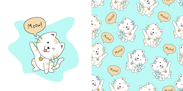 Hand drawn cute cat seamless pattern