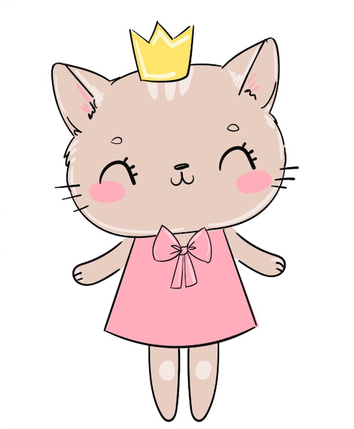 Hand Drawn Cute Cat with crown, Sketch  Illustration