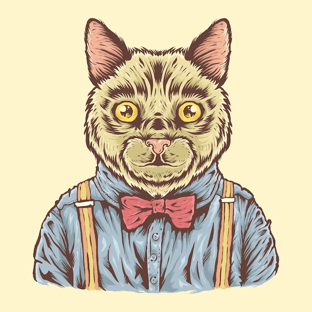 Hand Drawn Cute Cat with Shirt and Bowties illustration