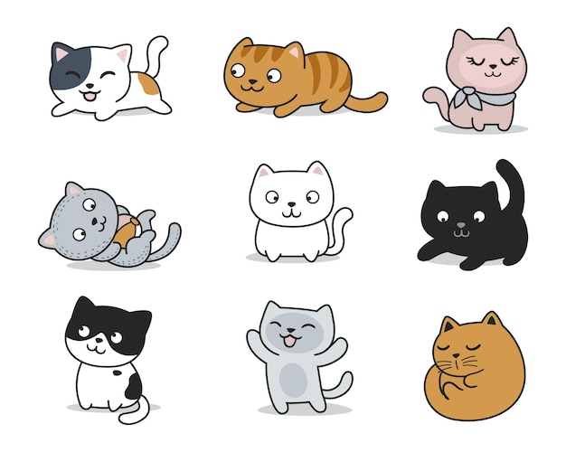 Hand drawn cute cats pose