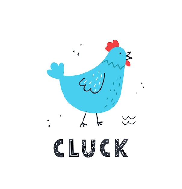 Hand drawn cute chicken with lettering cluck Doodle sketch style Vector illustration for kid t shirt poster books and more