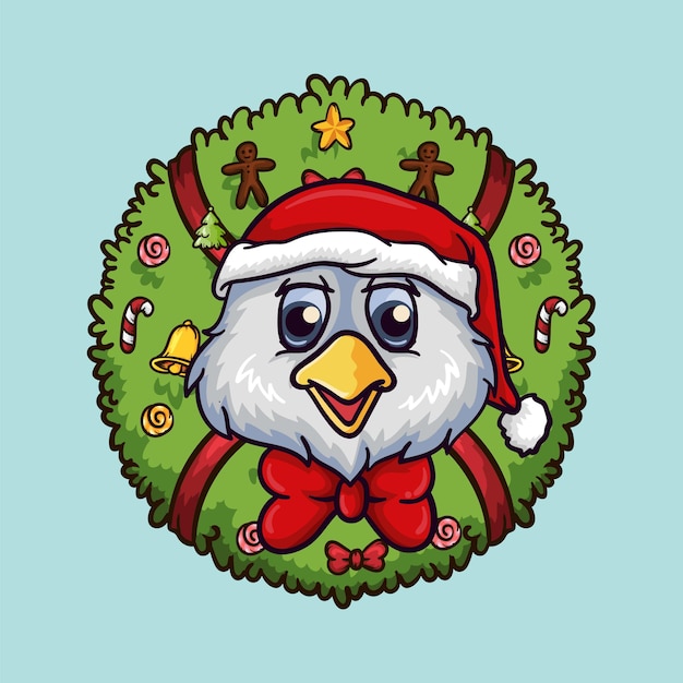 Hand drawn cute christmas character chicken with santa hat and Christmas wreath