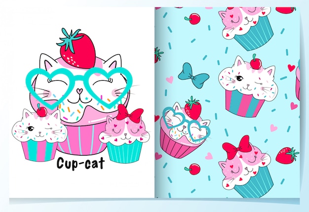 Hand drawn cute cup cakes pattern set