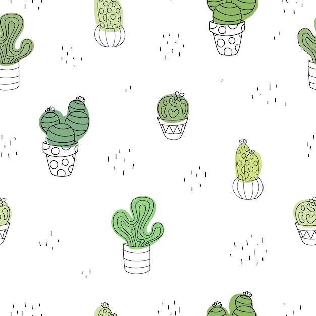 Hand drawn cute doodle cacti white seamless plant pattern Cactus succulent paper