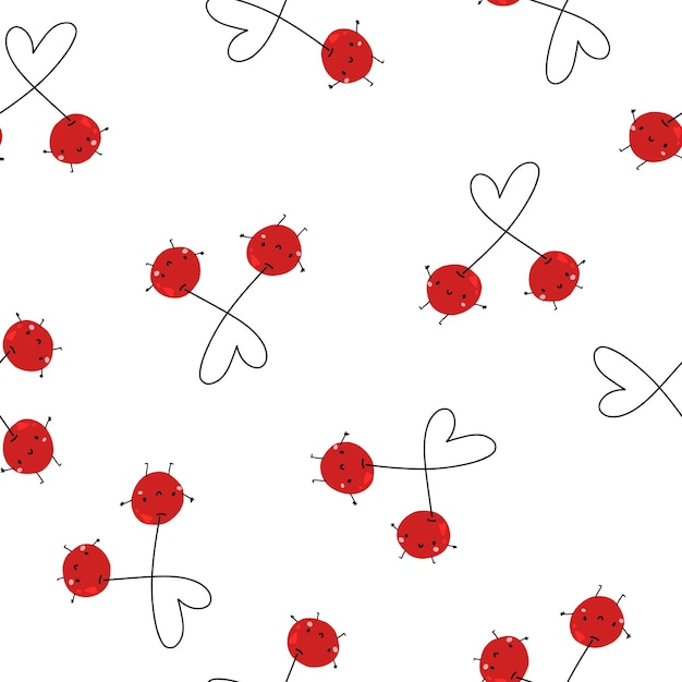 Hand drawn cute doodle cherry seamless pattern with hearts Best friends white paper line fruit