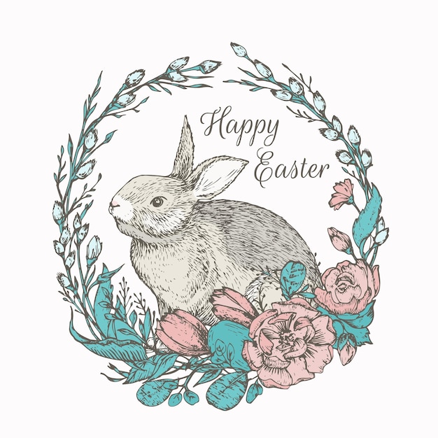 Hand Drawn Cute Easter Bunny in a Flowers Wreath Color Vector Illustration Little Rabbit in a Willow Twigs Frame Abstract Sketch with Greetings Spring Holiday Engraving Style Drawing Isolated