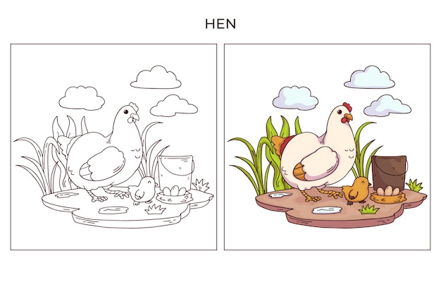 Hand drawn cute Farm Animal for coloring page Hen