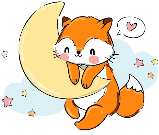 Hand Drawn Cute Fox and moon Vector Illustration, Woodland animal, Print for childrens