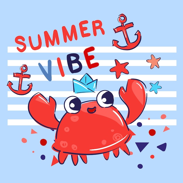 Hand drawn Cute friendly crab childrens summer print vector