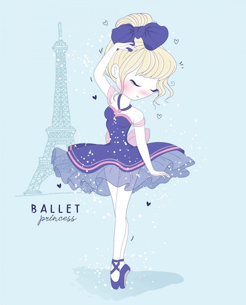 Hand drawn cute girl ballet dance with paris scene